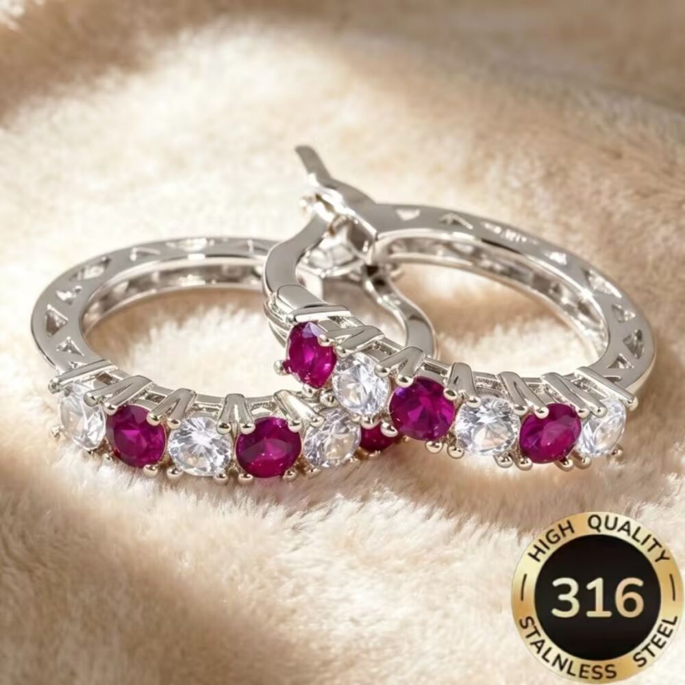 Red Zirconia Crystal Silver Hoops Earrings Multicolor White Gemstone Elegant New